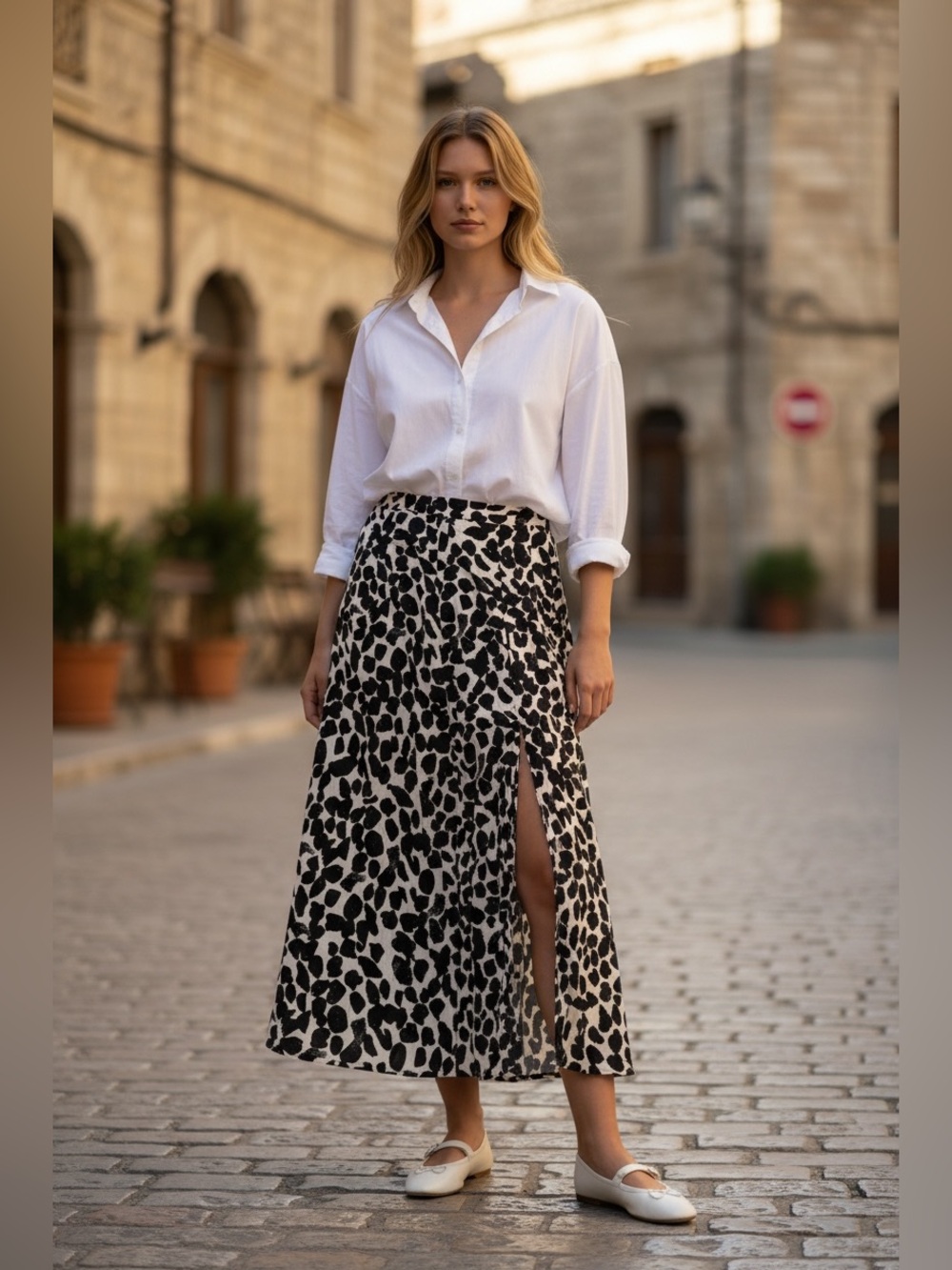 H&M Black Cream Animal Print Midi Skirt Size 10 Flowy Viscose A-Line